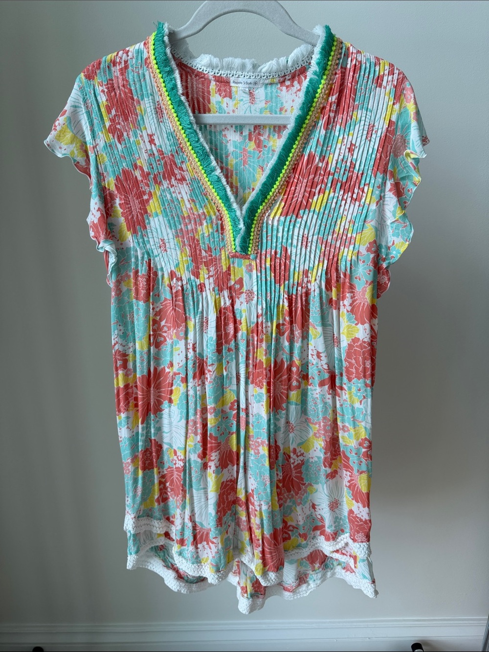 Poupette St. Barth Coral, Aqua & Yellow Floral Pleated Coverup